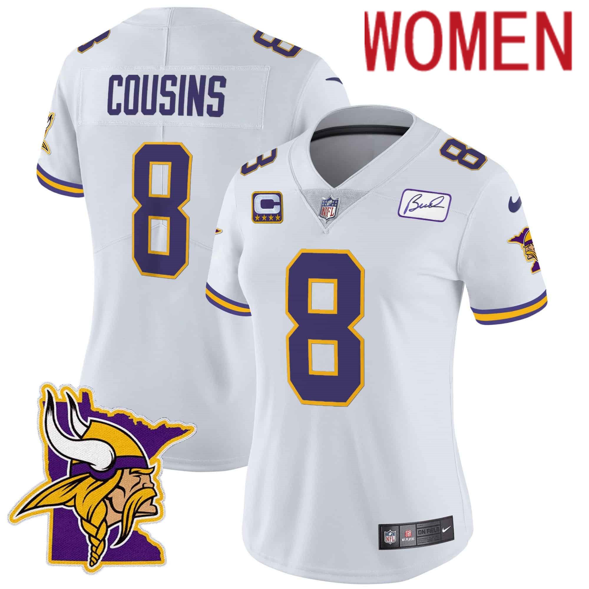Women Minnesota Vikings 8 Cousins White 2024 Nike Patch Classic Limited NFL Jersey